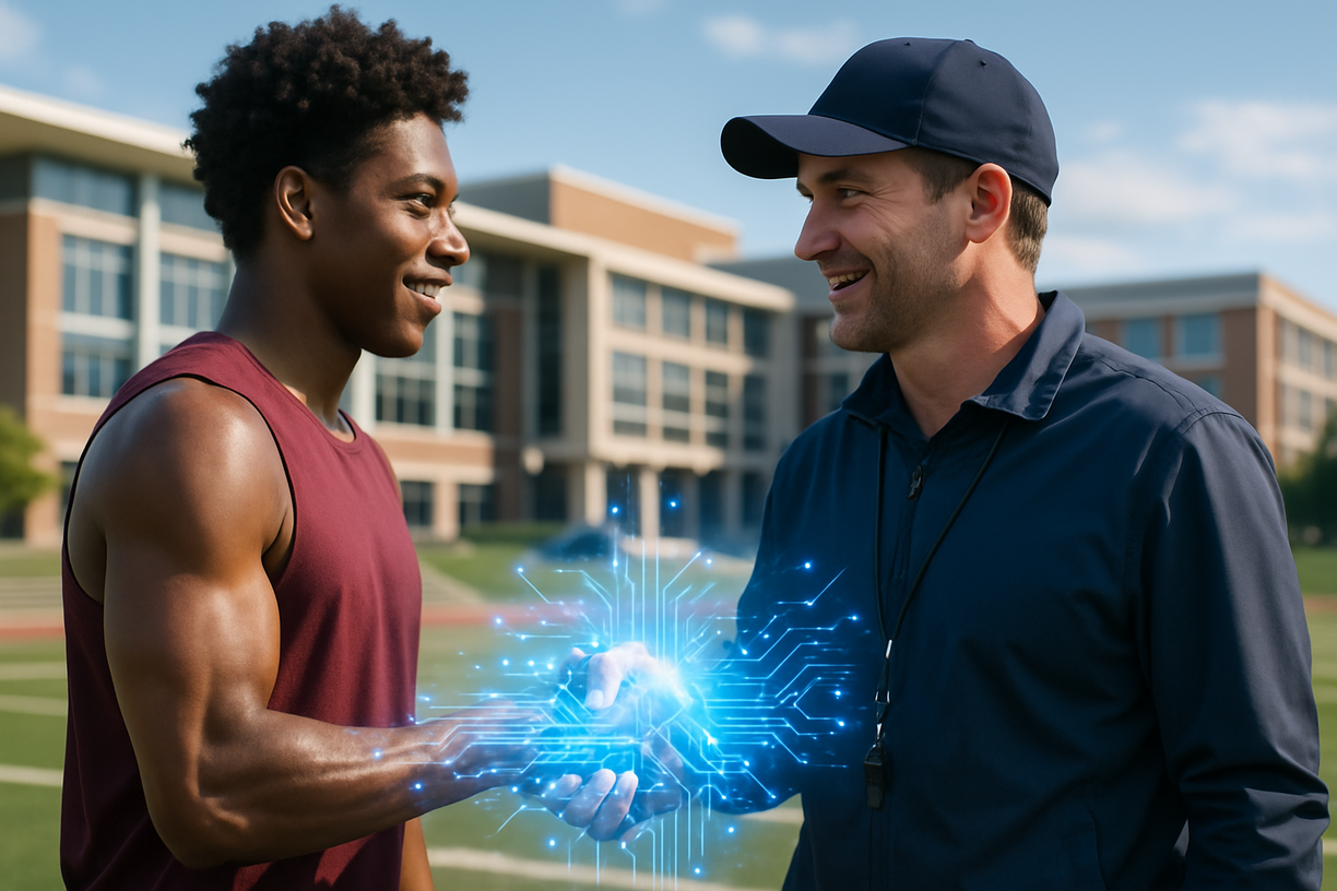 [Coach and athlete on a sports field]